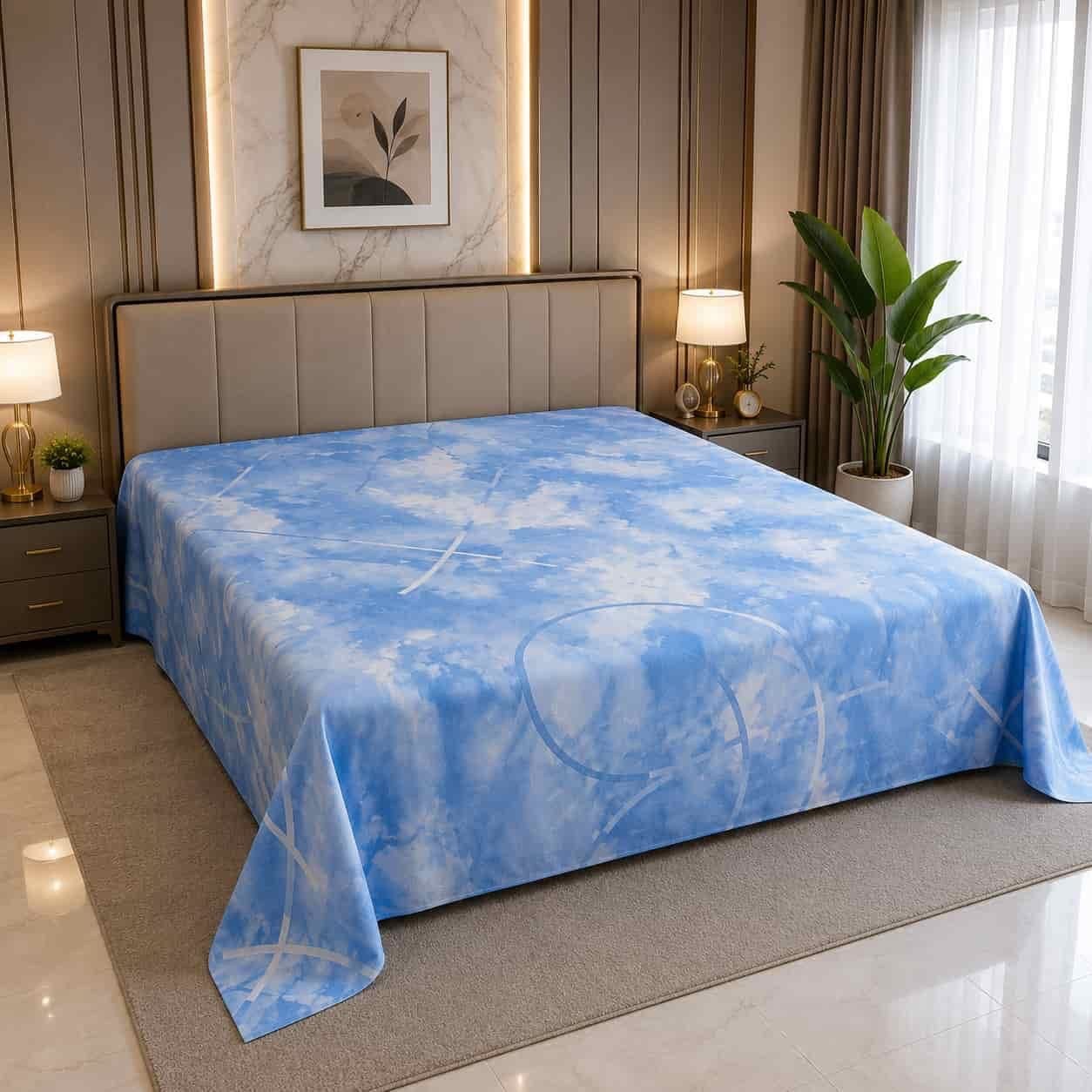 Sky Mist print সুতি ফিল ৭/৮ ফিট ওয়াটারপ্রুফ বেডশীট বালিশ কভার ছাড়া