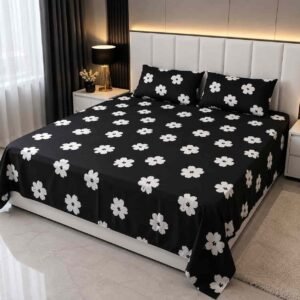 black flower print 7/8 ফিট ওয়াটারপ্রুফ বেডশীট বালিশ কভার সহ