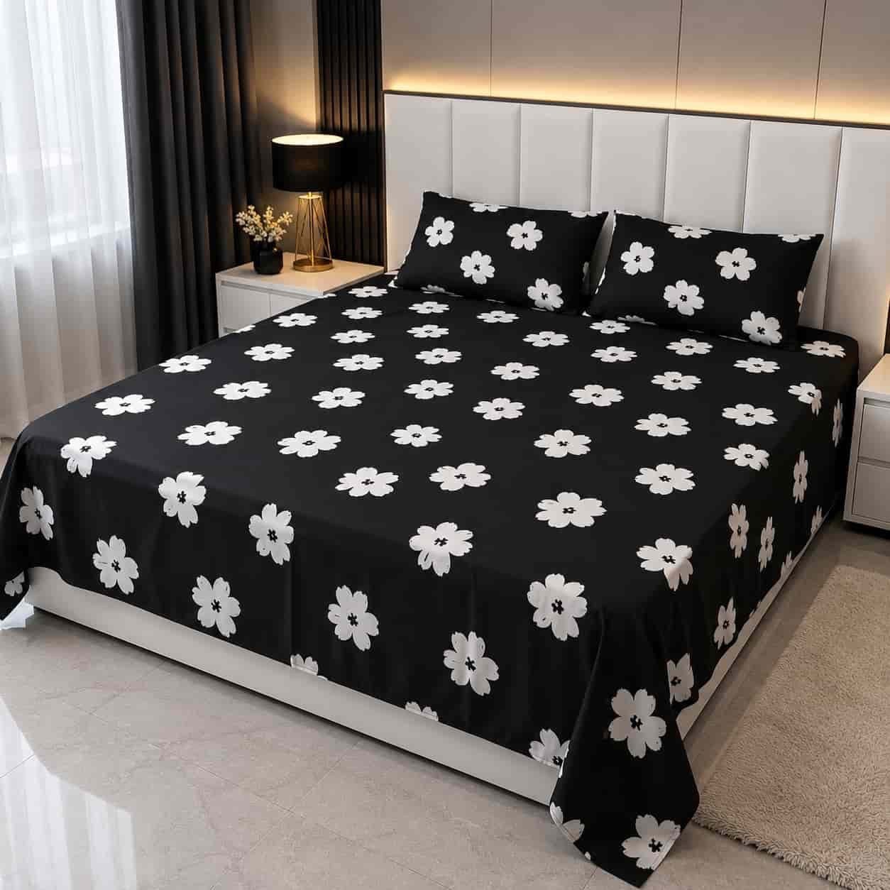 black flower print 7/8 ফিট ওয়াটারপ্রুফ বেডশীট বালিশ কভার সহ